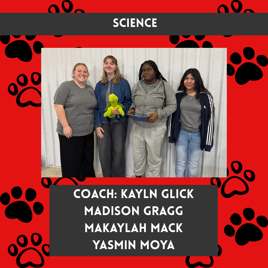 red background with black pawprints with photo of science team