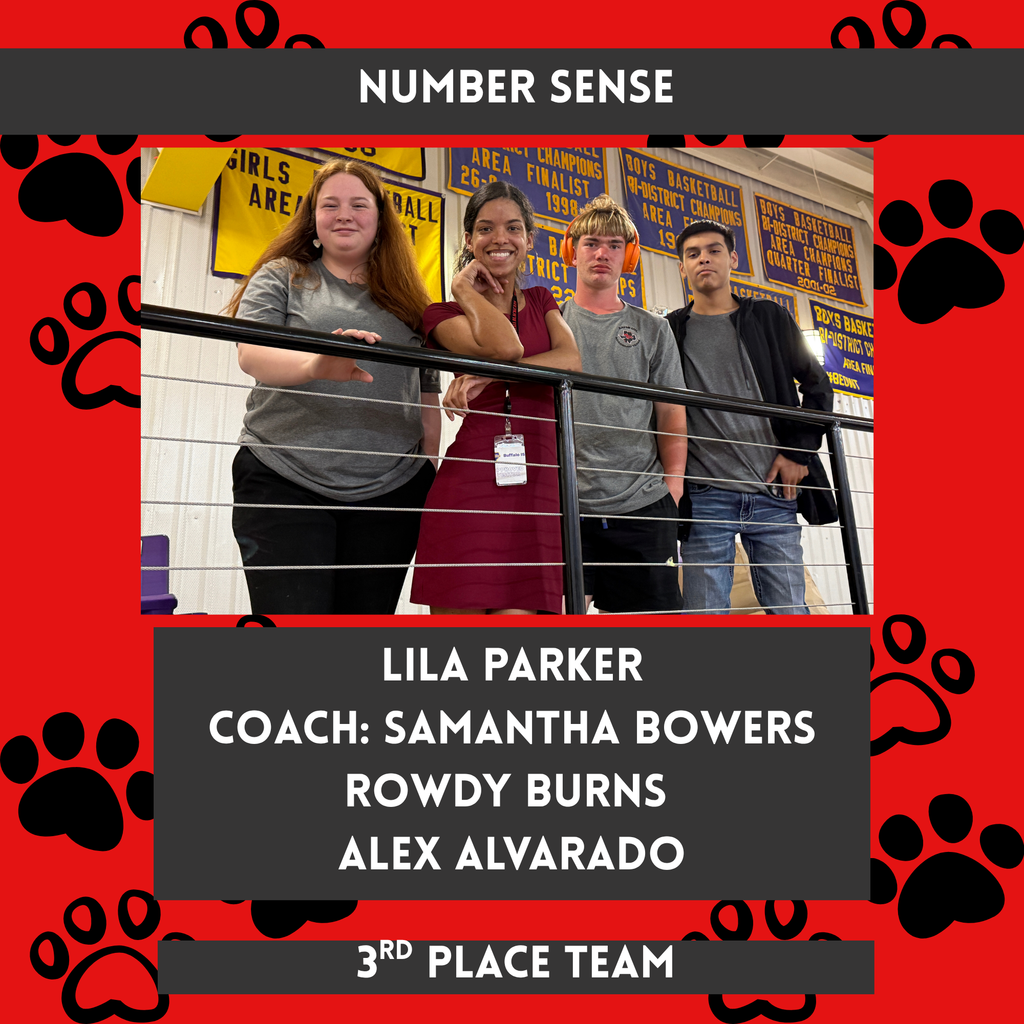 red background with black pawprints with photo of number sense team