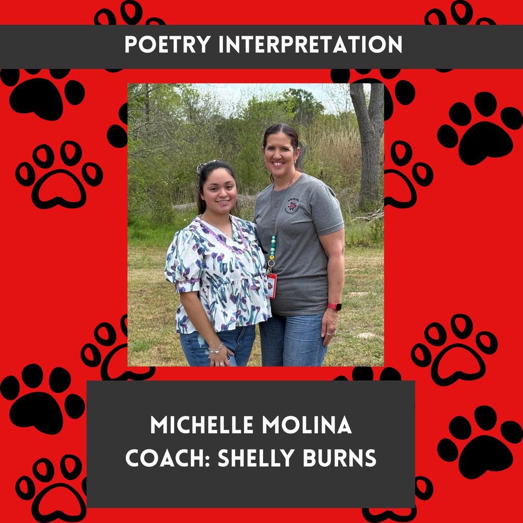 red background with black pawprints with photo of poetry interpretation team