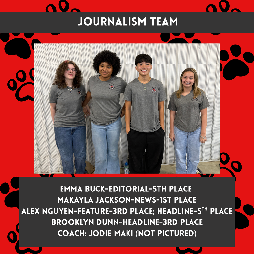 red background with black pawprints with photo of journalism team