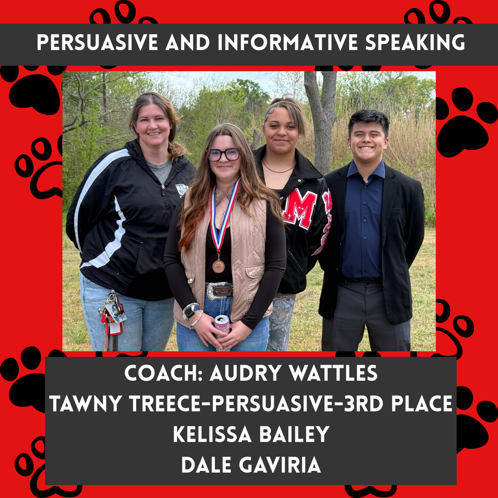 red background with black pawprints with photo of extemporaneous speaking team