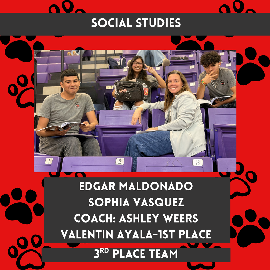 red background with black pawprints with photo of social studies team