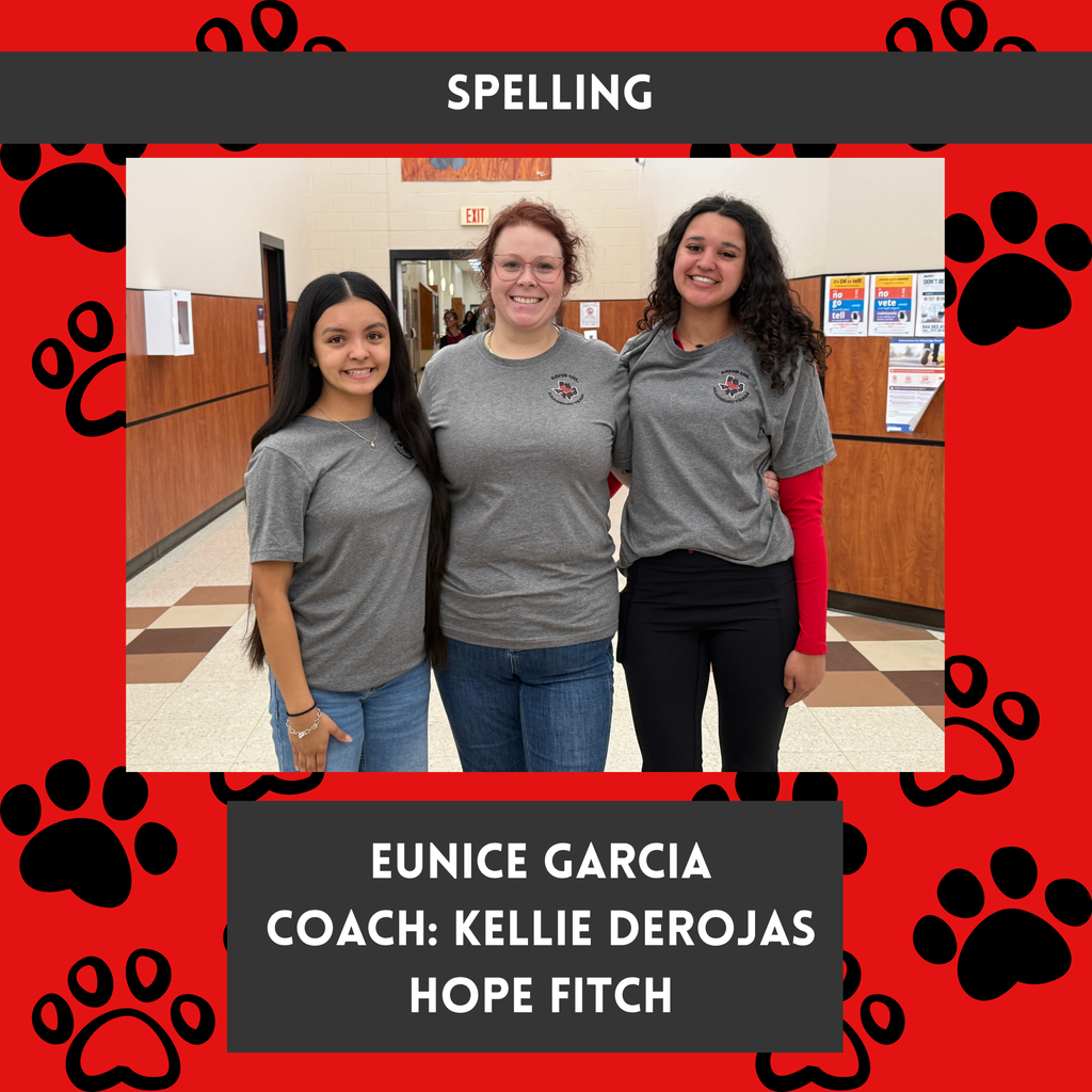 red background with black pawprints with photo of spelling team