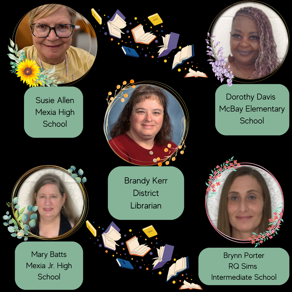 black background with flying books a picture of the district librarian in the middle with library paraprofessionals on each corner