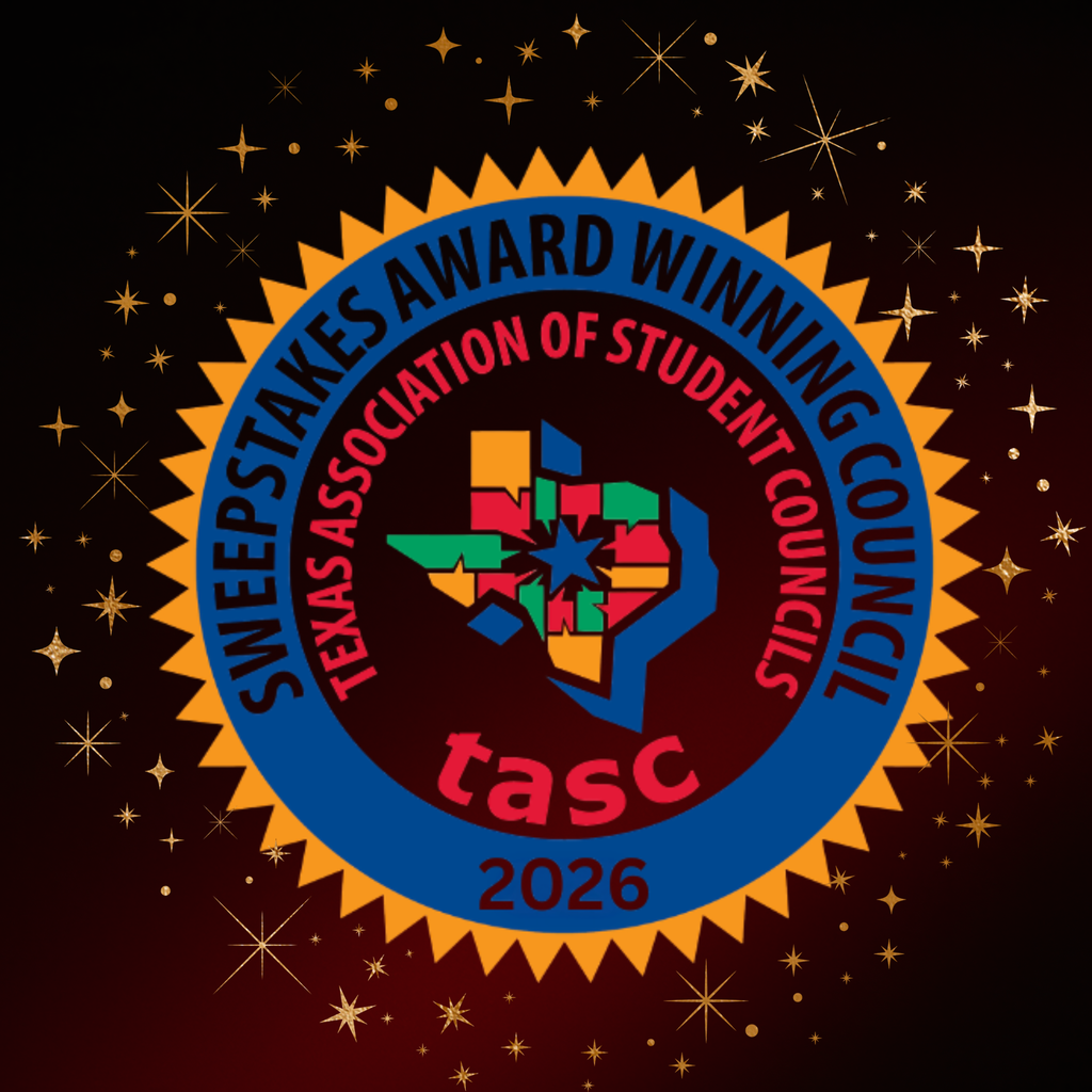 A circular logo with "SWEEPSTAKES AWARD WINNING" around it. Inside, "TEXAS ASSOCIATION OF STUDENT COUNCILS" is displayed. The emblem features a colorful Texas outline and the year 2026.