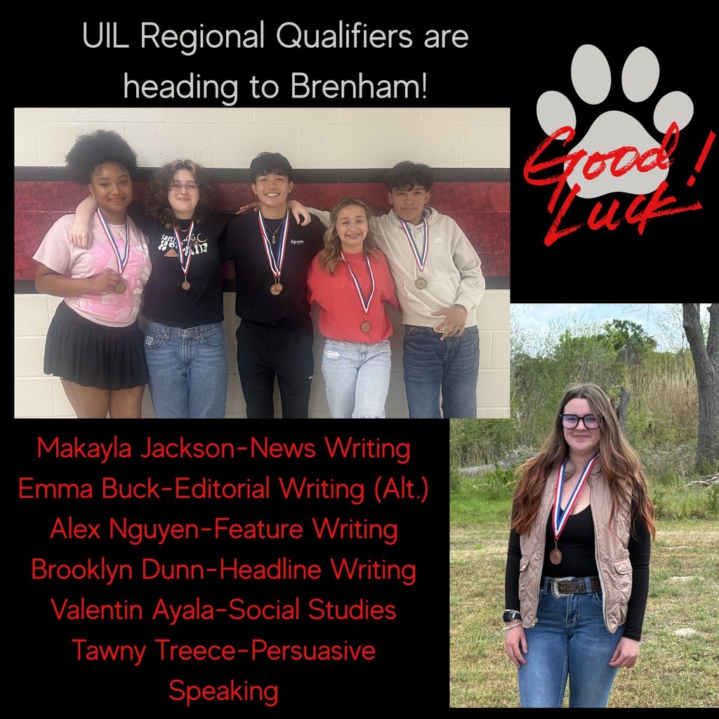 Five students stand together, each with a medal. A paw print reads "Good Luck" in red. Individual names and categories appear.