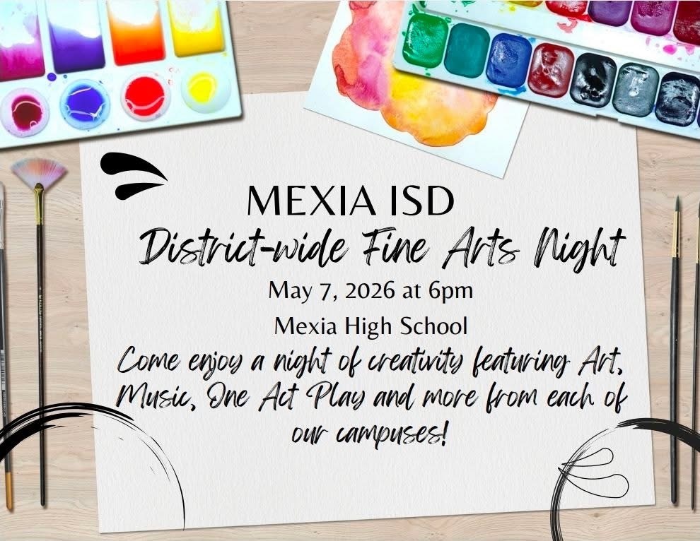 An invitation card for a Fine Arts Night on May 7, 2026, with paints, brushes, and a watercolor palette on a table.