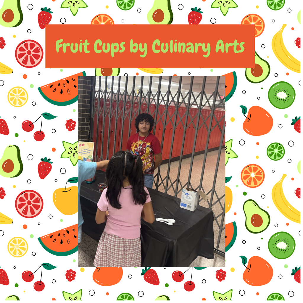 Children standing at a table with a black tablecloth and a fruit-themed border.