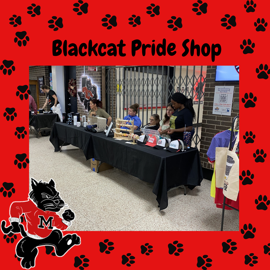 Table displaying items with "Blackcat Pride Shop" in red. People are present, one wearing a red shirt.
