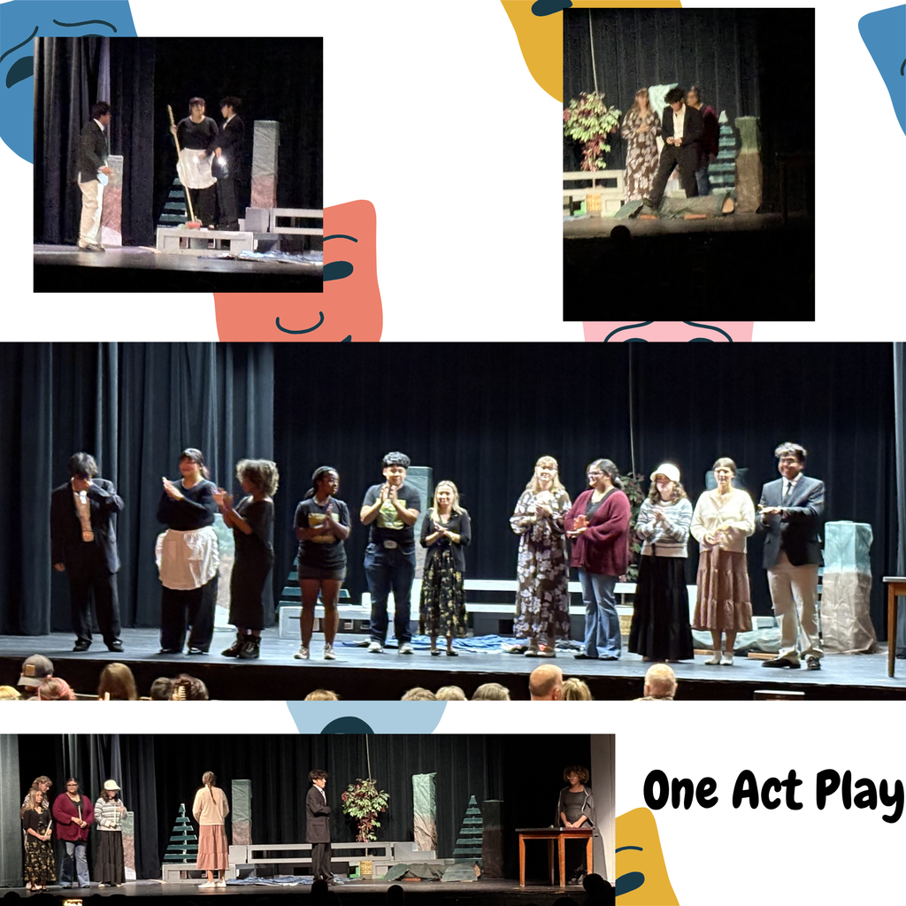 Collage showing people on stage performing a one-act play, including an audience, backdrops, and props.