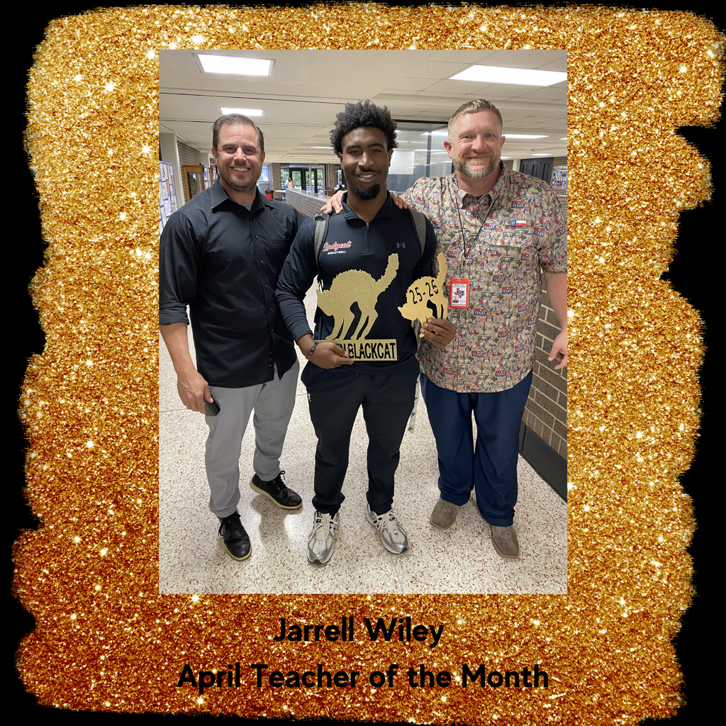Three men in a hallway, with one holding a golden cat award, and a text overlay reading "Jarrell Wiley, April Teacher of the Month".