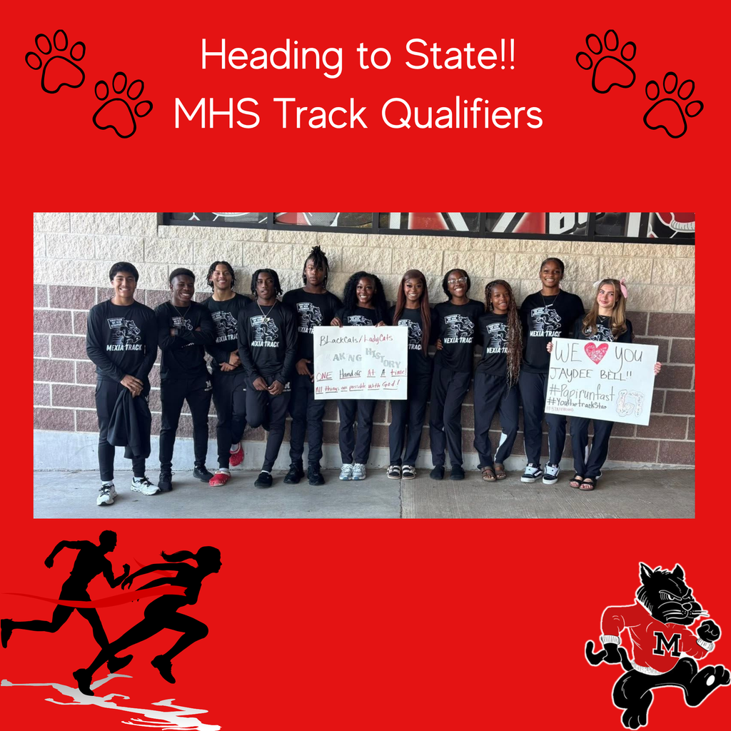 Team in uniform stands in front of a brick wall, holding signs with names. Black paw prints and a running figure on a red background.