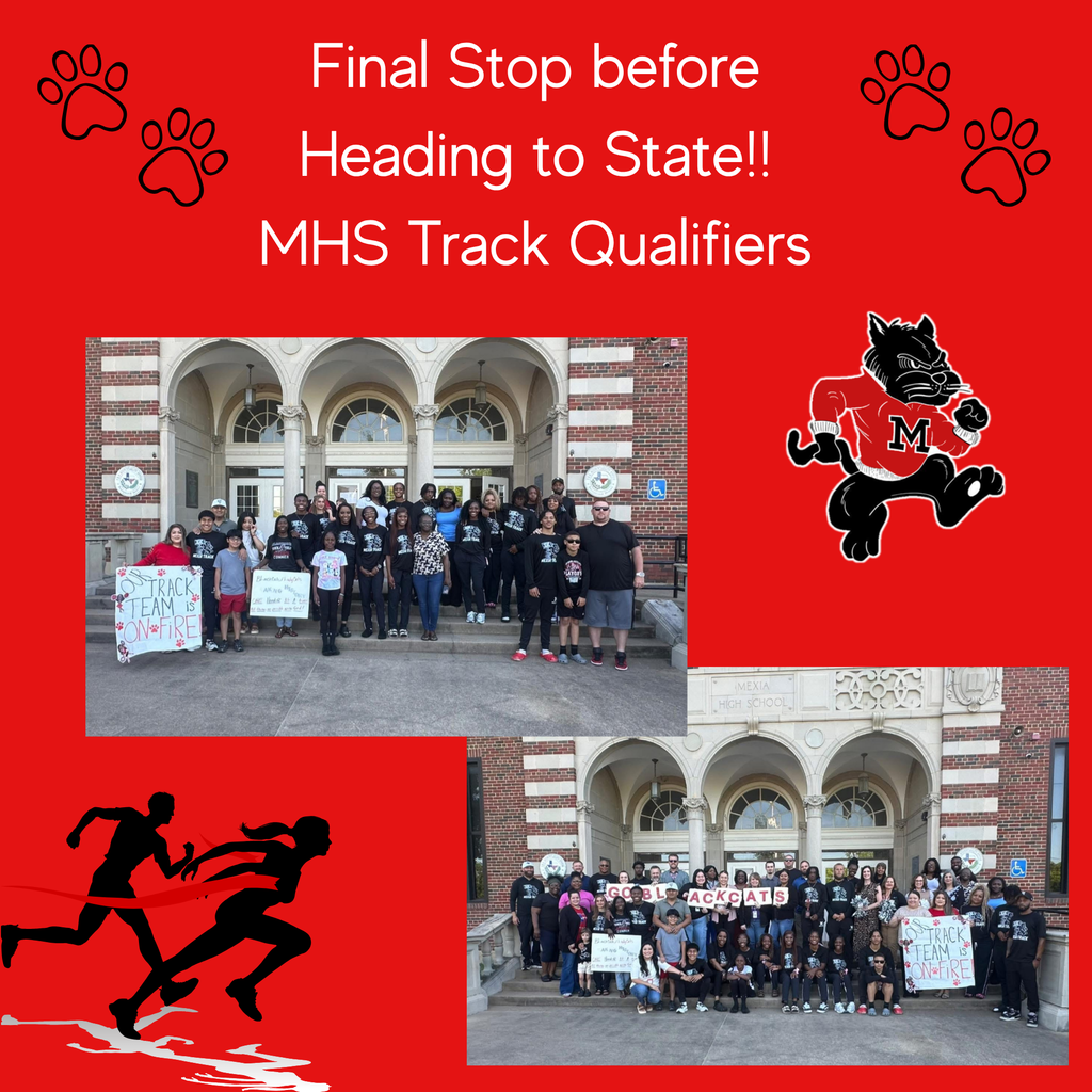 Collage of two photos of students outside a school building, with a paw print graphic and the school mascot.