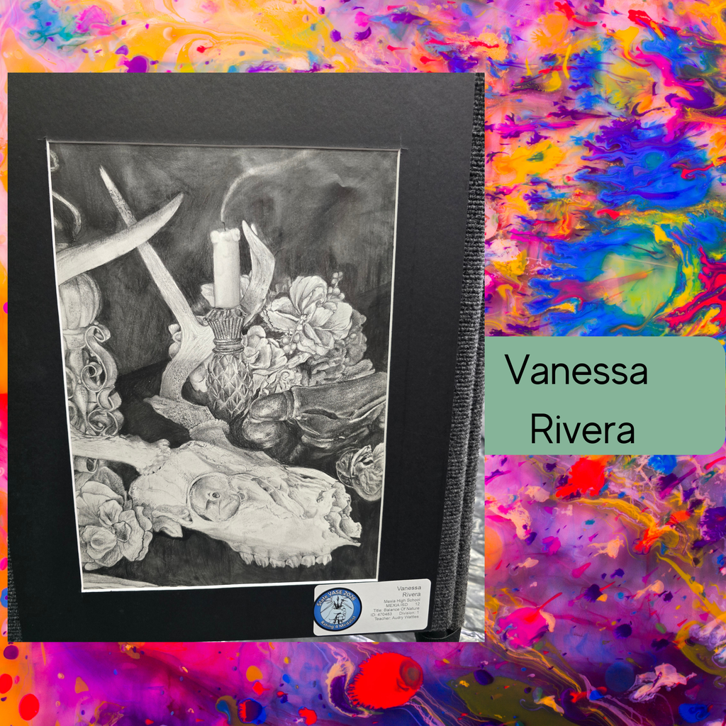 Black-and-white artwork in a black frame on a colorful background. It depicts a skull, candle, and flowers.
