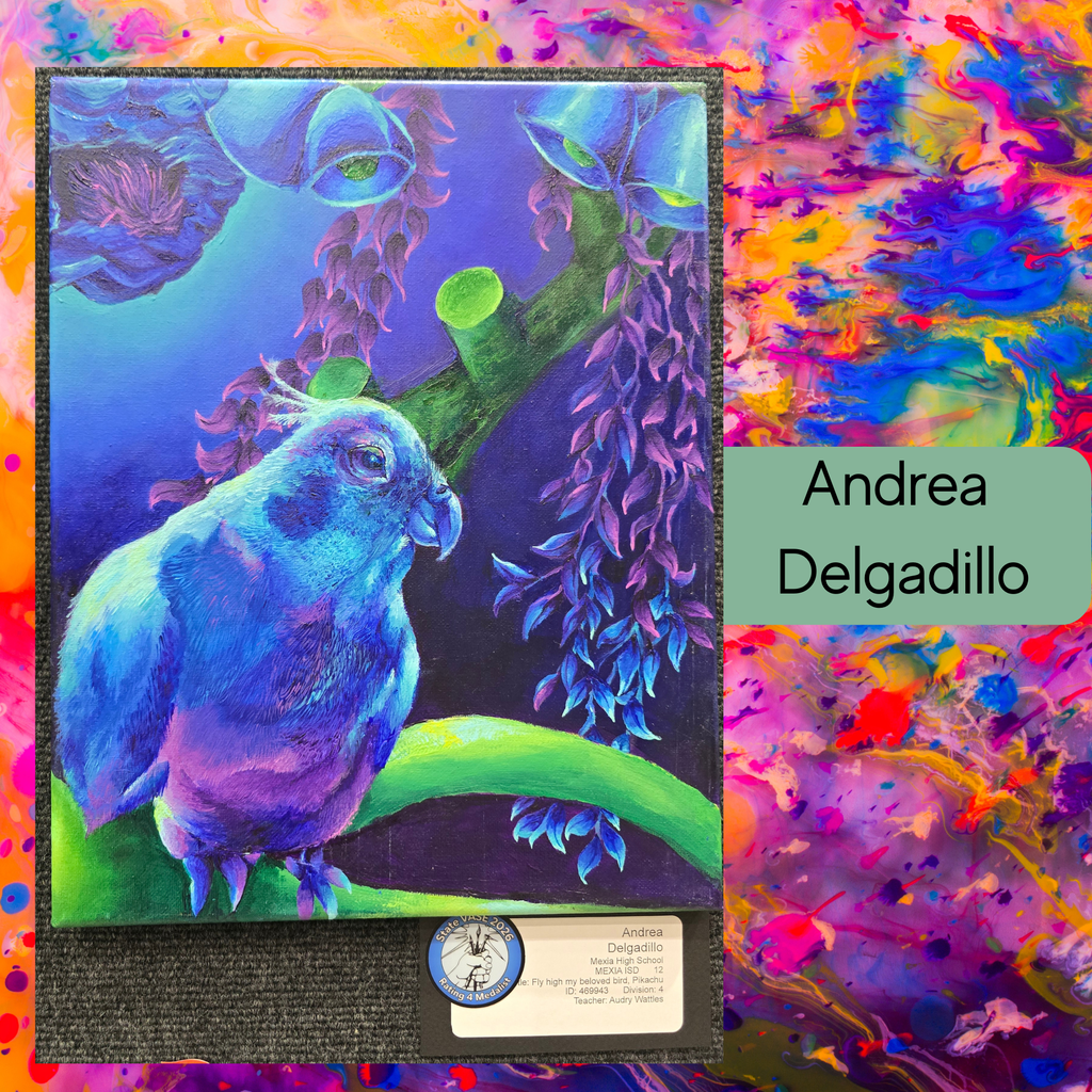A painting of a parrot perched on a branch with purple flowers. Artist name is Andrea Delgadillo.