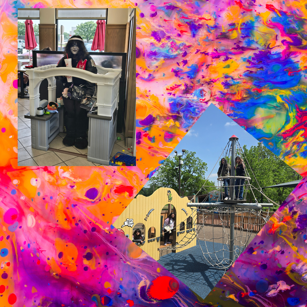 A collage displays a pirate in a playhouse, a colorful abstract background, a playground with a lookout, and a tree.