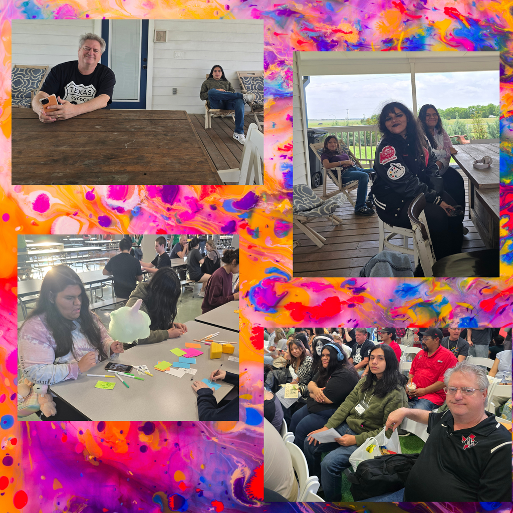 Four images of people sitting at tables and chairs, one with a colorful background and three with blurred, colorful borders.