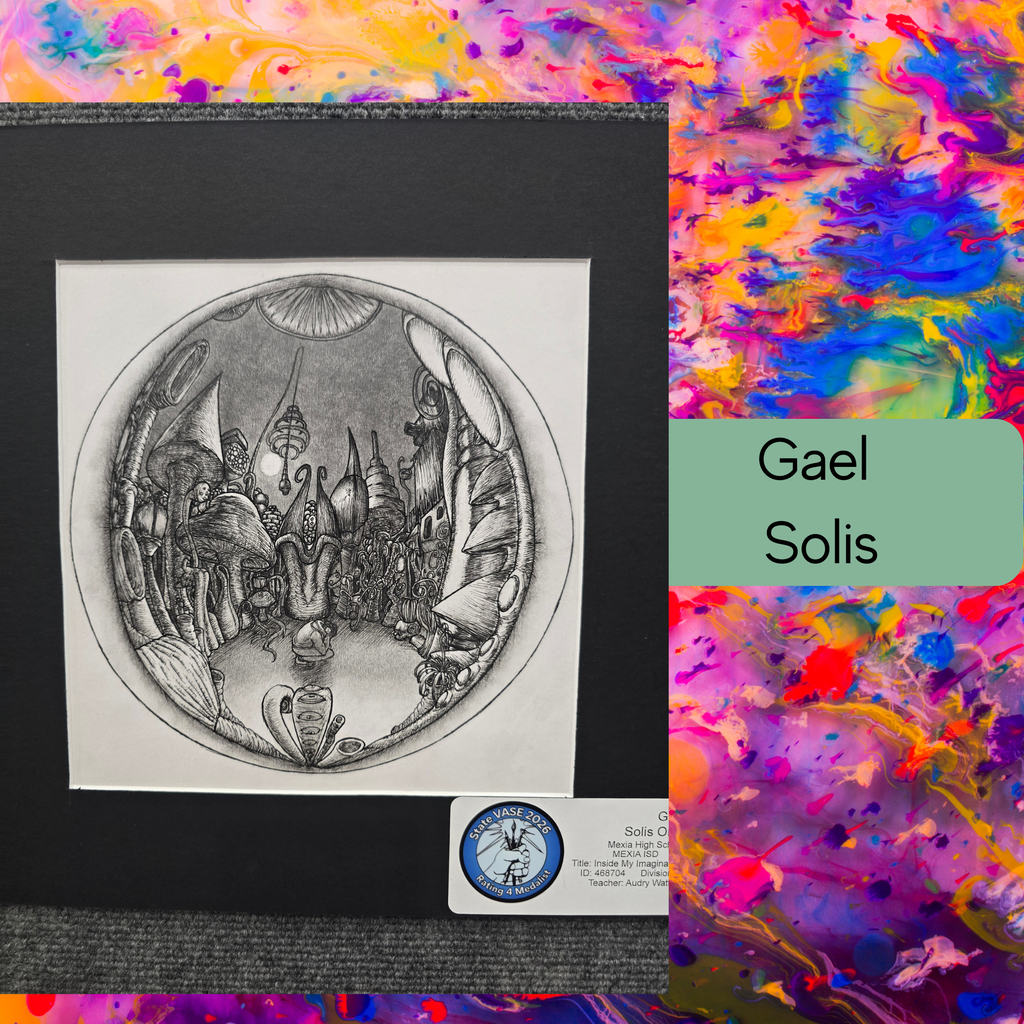 A framed drawing shows a circular scene with figures and structures. The drawing is titled "Gael Solis." A colorful background is visible.