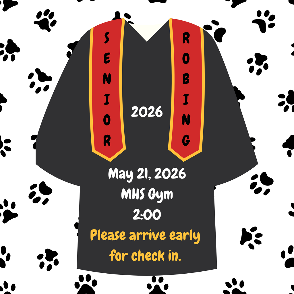 Graduation invitation with "SENIOR 2026" in red, black background with paw prints, date and time of event, and check-in instruction.