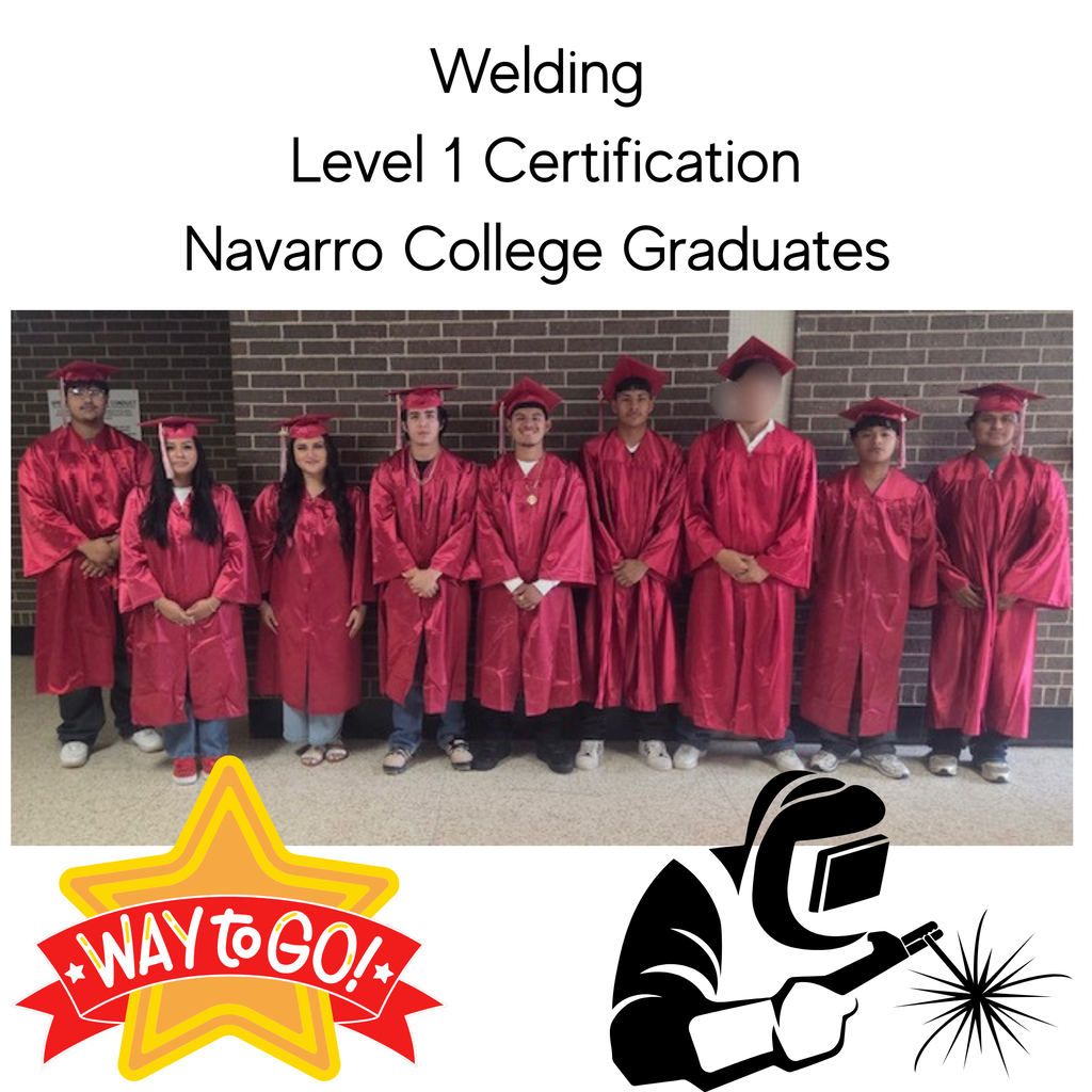 Graduates in red gowns stand in front of a brick wall. They hold Level 1 Welding Certification from Navarro College.