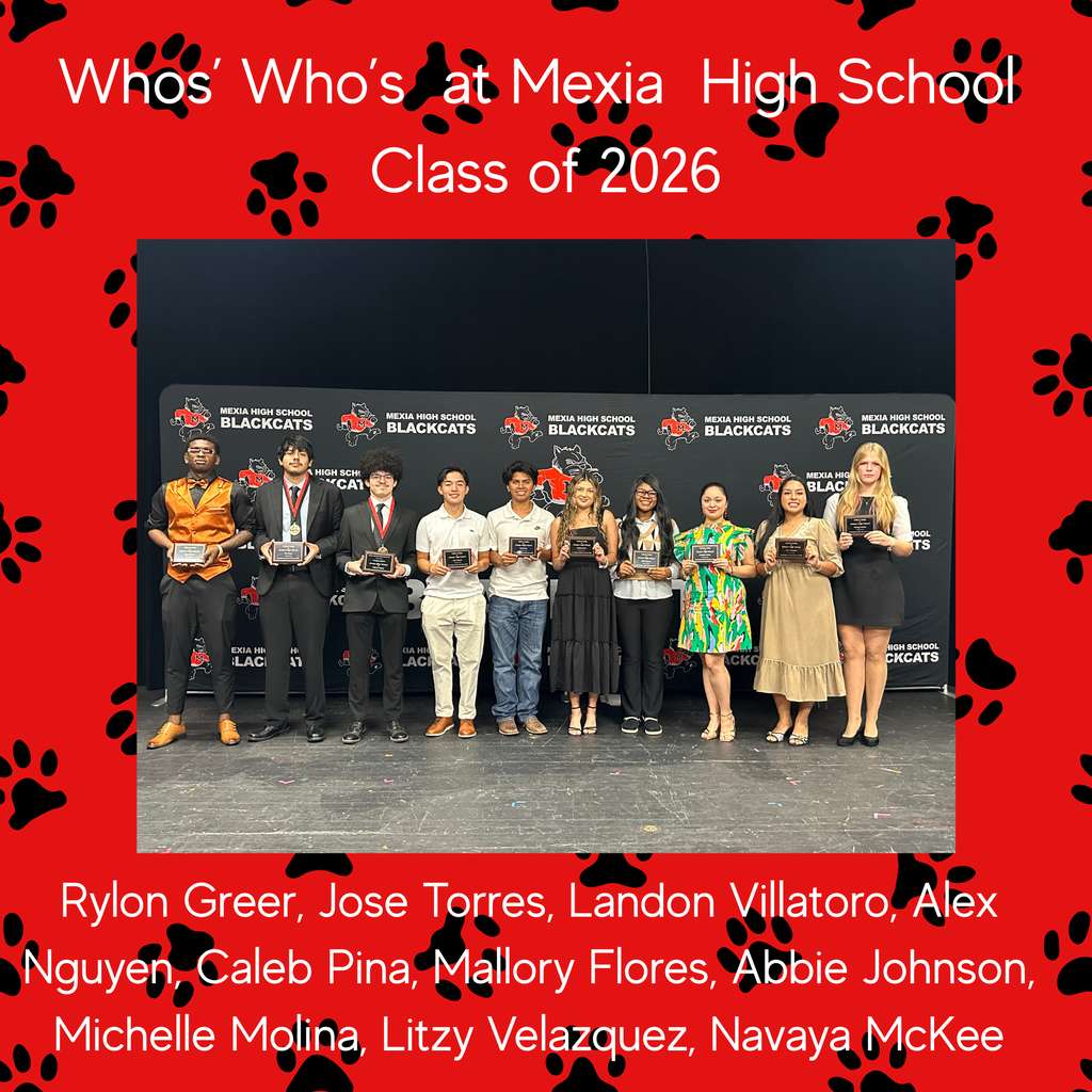 Eleven students in formal attire stand on a stage with paw print borders, holding awards. Text reads "Who's Who at Mexia High School Class of 2026".
