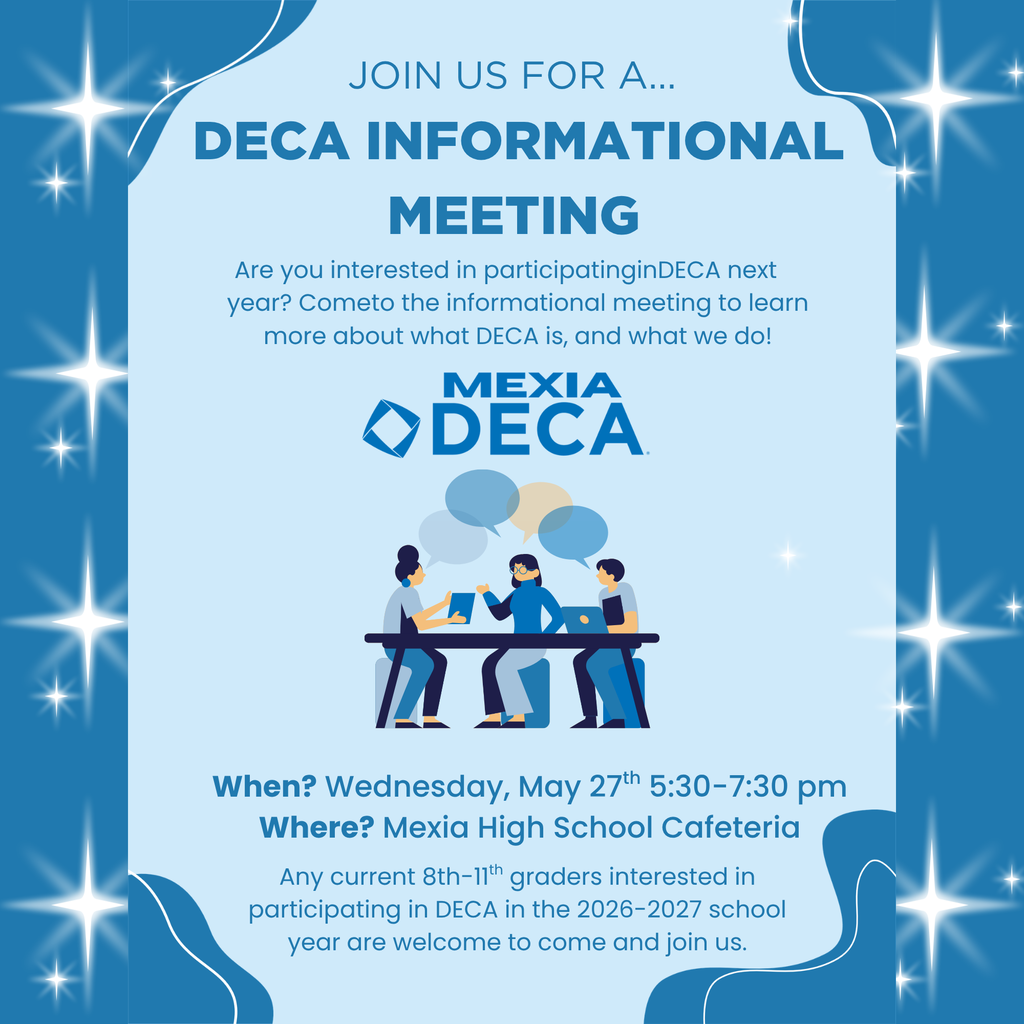 Blue poster with white stars. Illustration of three people around a table. Text reads: Join Us for a Deca Informational Meeting.