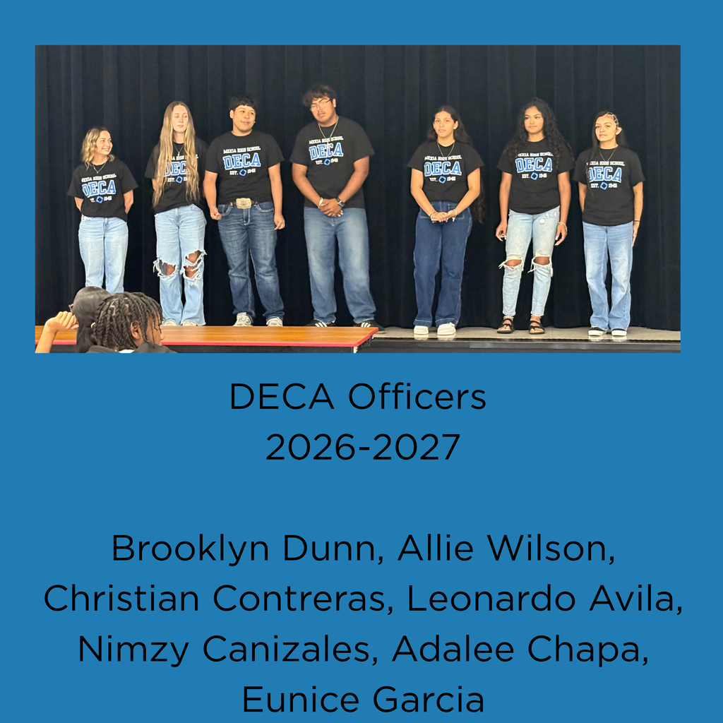Seven people in matching black T-shirts on a stage with "DECA Officers 2026-2027" at the top.