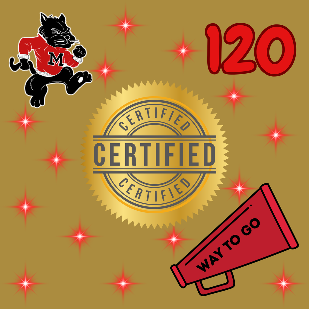 A golden circular emblem reads "CERTIFIED" with a red megaphone on the right saying "WAY TO GO." A black mascot on the left and "120" above it.