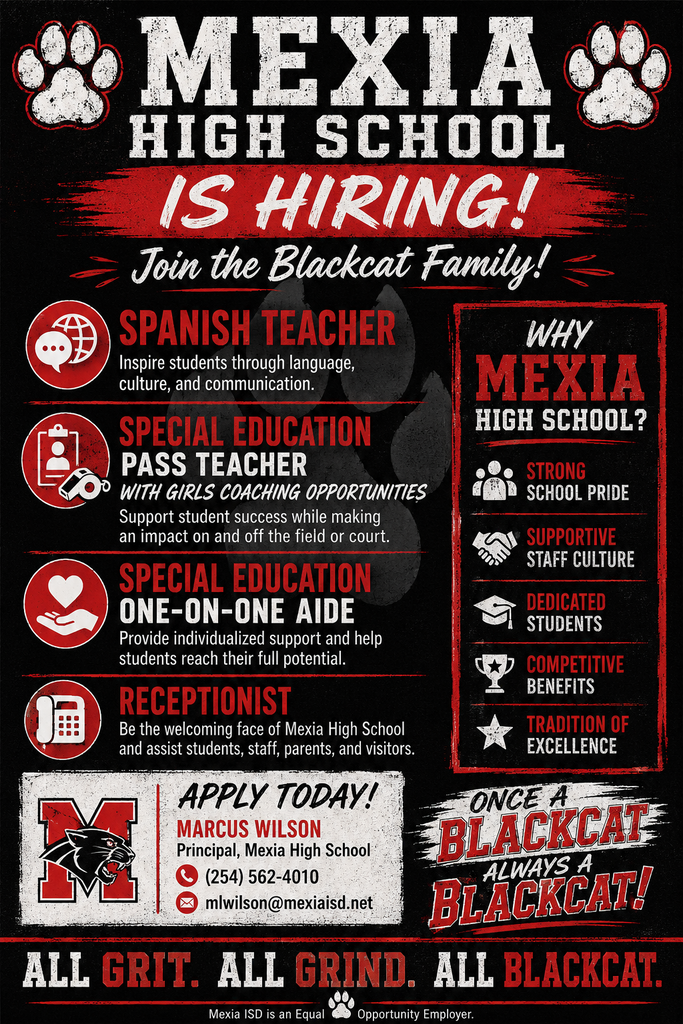 Poster for Mexia High School, showcasing a job opening. Text includes headings for special education, pass teacher, and receptionist.