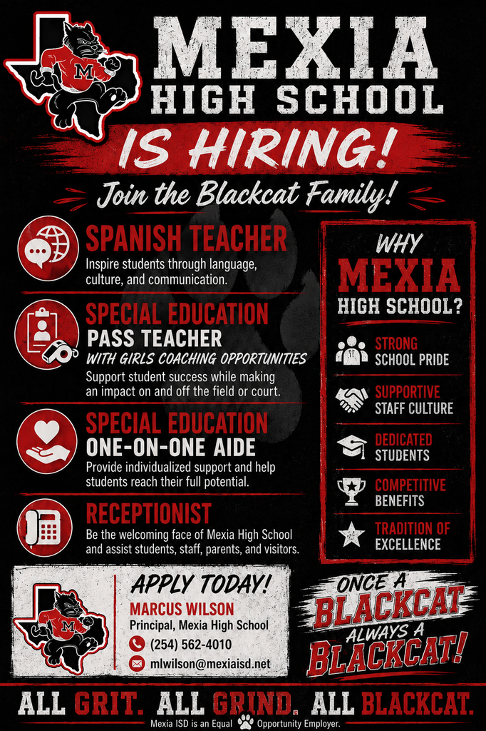An ad for Mexia High School with job openings for Spanish teacher, special education teacher, one-on-one aide, and receptionist.