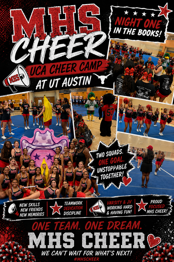 A promotional poster for the MHS Cheer Camp at UT Austin. Multiple images show cheerleaders in red uniforms with a mascot. Text highlights teamwork and new skills.