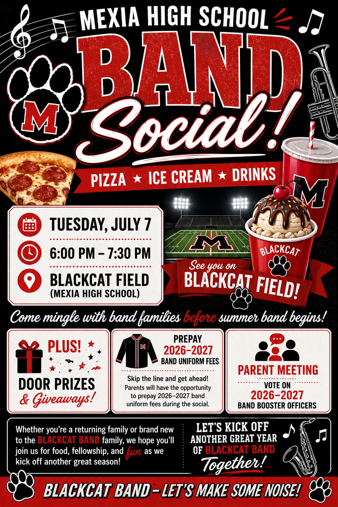 Black and red poster with white text and icons. Features a slice of pizza, ice cream, drinks, and a football field.