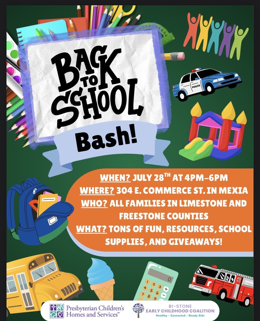 Event poster with green background. Text reads "Back to School Bash!" with school supplies, vehicles, and people.