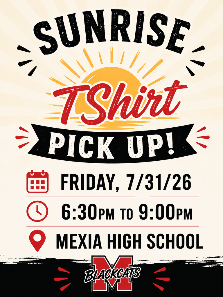 A poster features a sun with rays and the text "Sunrise T-Shirt Pick Up!" It lists the date, time, and location.