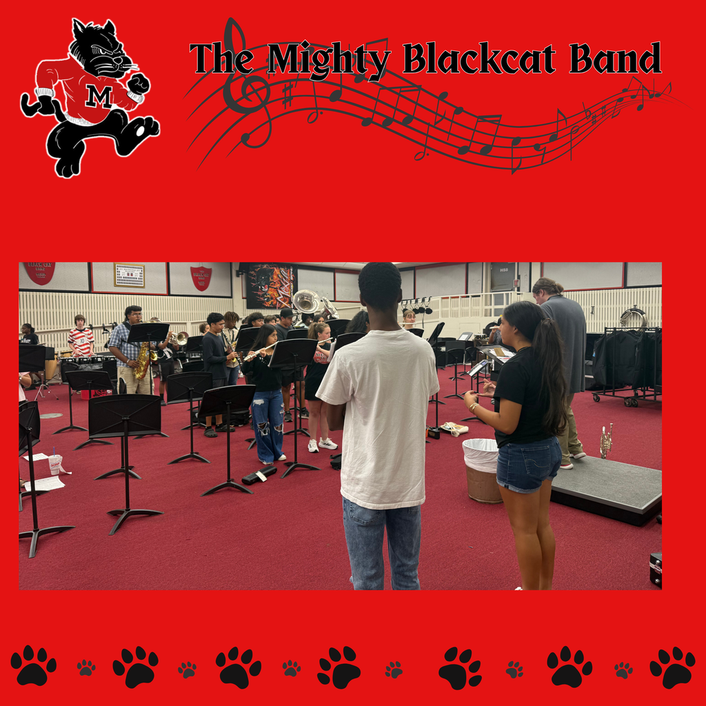 A band practices on a red floor, with a black cat logo and music notes in the top corner.