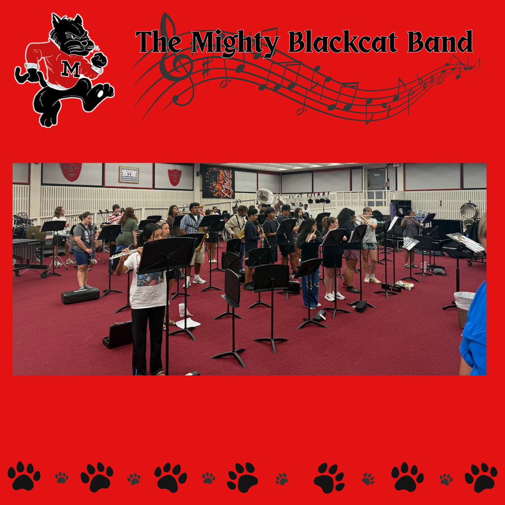 Students stand with instruments in a band room, a black cat logo and musical notes above.