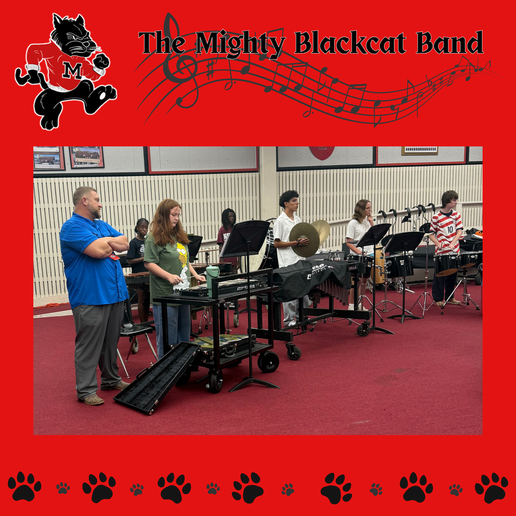 A band practice session with a teacher, students, and instruments on a red carpet. Musical notes around the text.