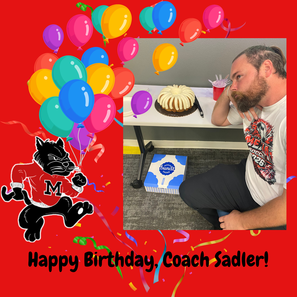 A person sits at a table with balloons and streamers. A cake sits on the table. Text reads, "Happy Birthday, Coach Sadler!"