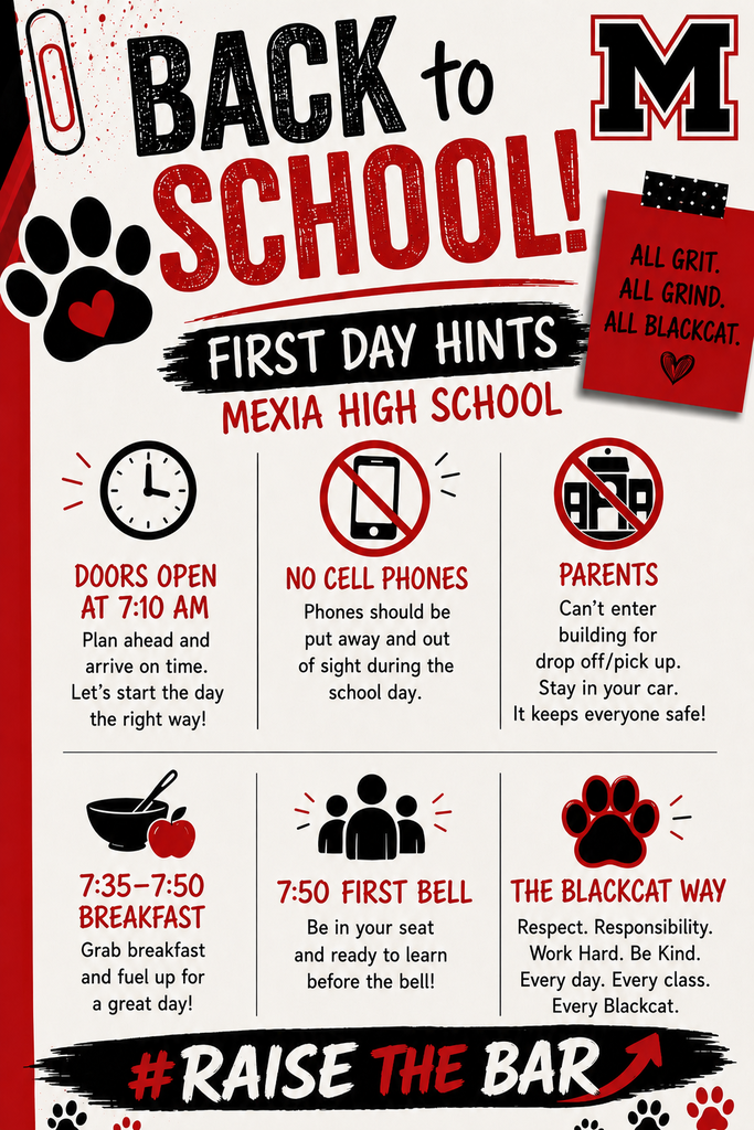 Back to School poster for Mexia High School with a red background. It lists information about the first day.