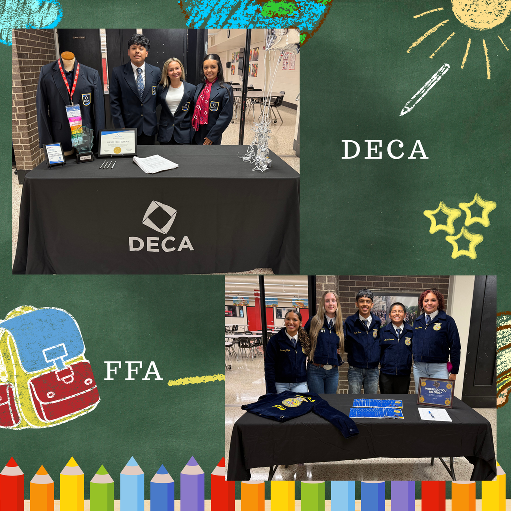 Collage of DECA and FFA students in formal attire at tables, one holding certificates, on a green background.