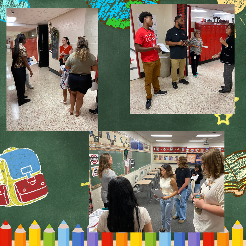 Four photographs of a group of adults in a hallway and classroom. One adult reads from a script.