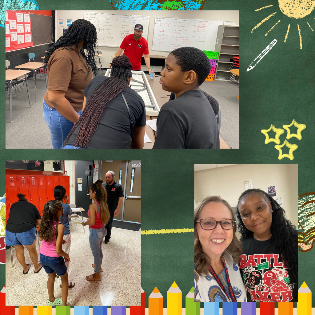 Collage of three photos: adults and children in a classroom, people near lockers, two women smiling and posing.