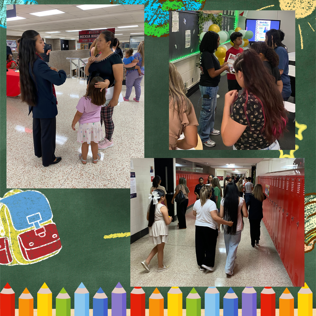 Four pictures of people in a school hallway with a backpack icon and a row of colored pencils.