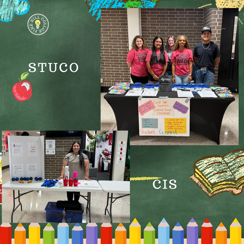 Collage of four images showing students in pink shirts, a table with materials, a woman at a table, and a chalkboard.