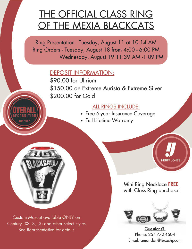 Red and white poster with a ring image, showcasing a class ring. Text includes details about a ring presentation and orders.