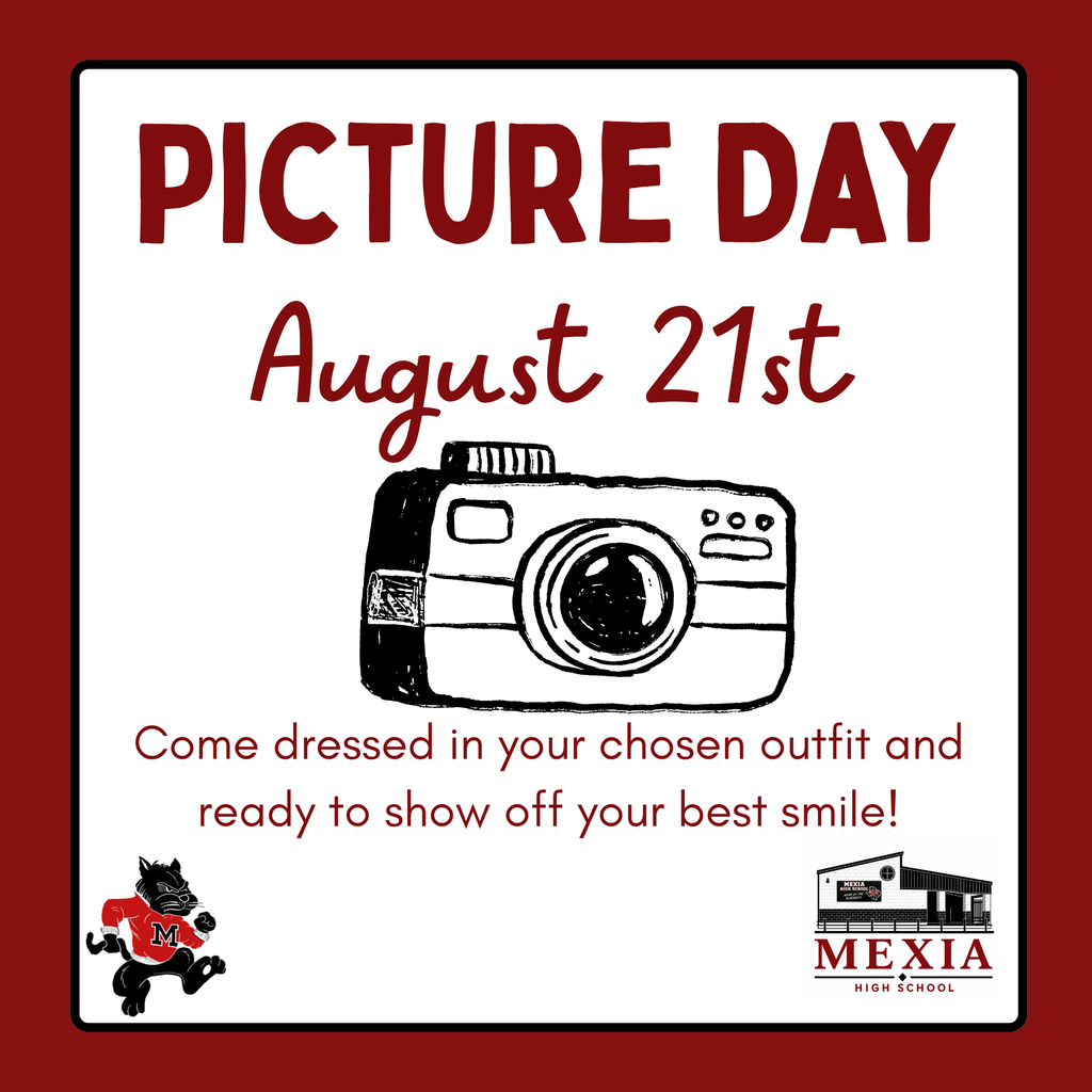 A sign with a red border features a camera illustration, red text, and a mascot. It reads, "Picture Day August 21st."