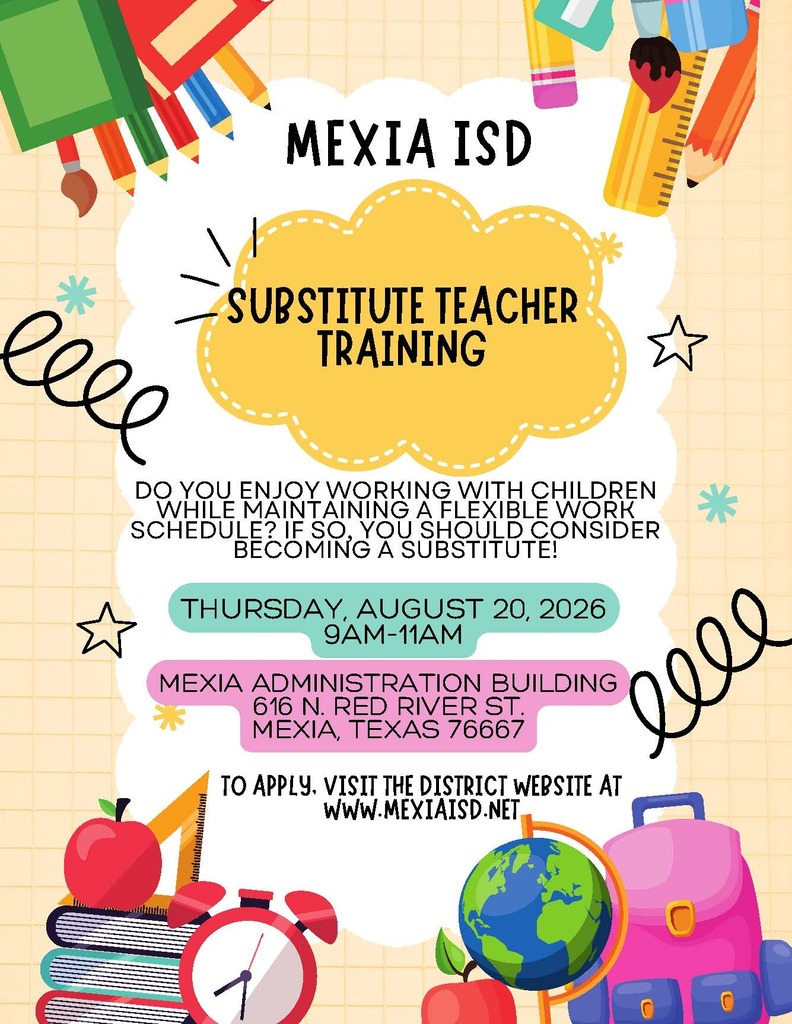 Poster with colorful school supplies. Text reads "Substitute Teacher Training" with date, time, and location. Includes contact info for application.