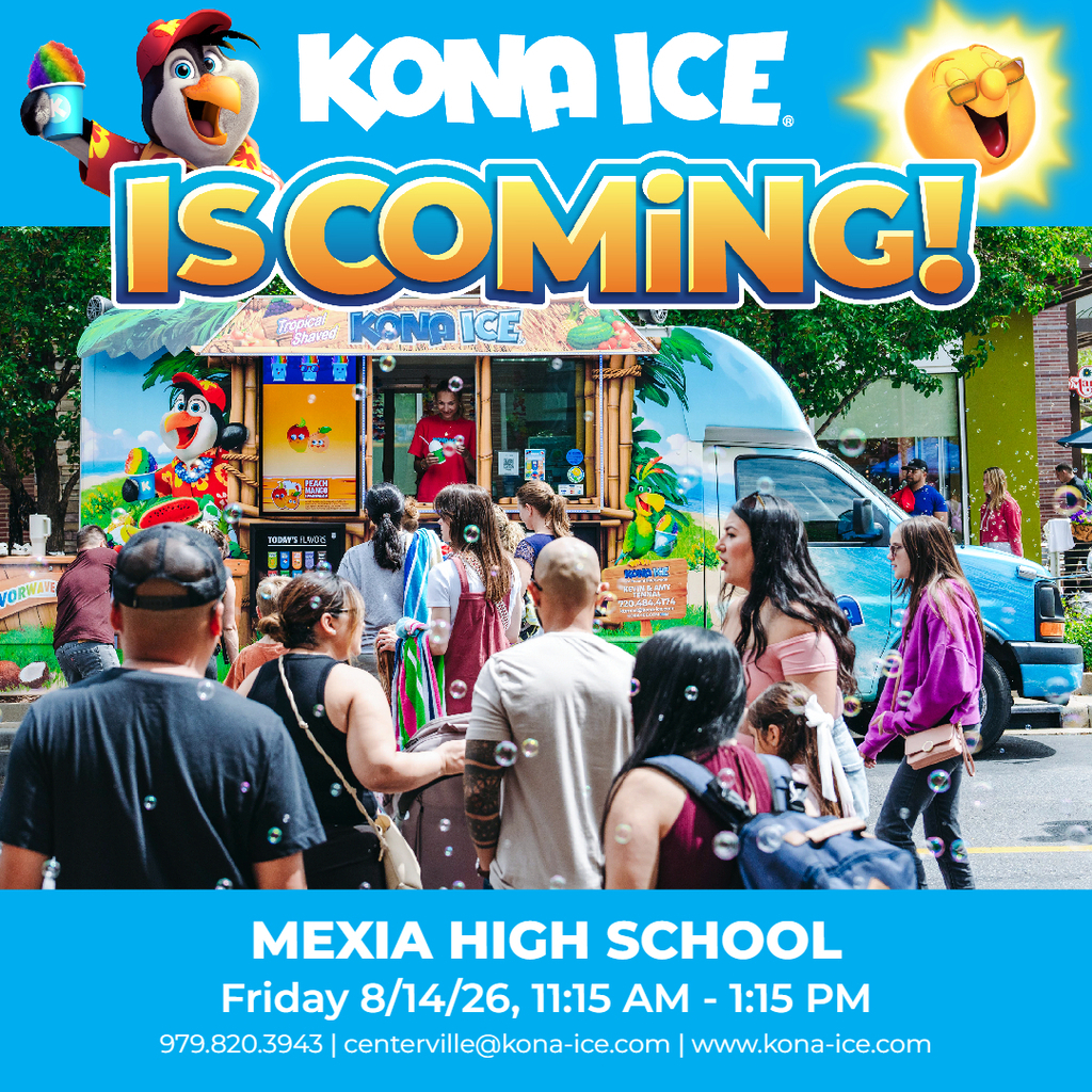 Advertisement shows people in front of a Kona Ice truck with bubbles, trees, and buildings in the background.