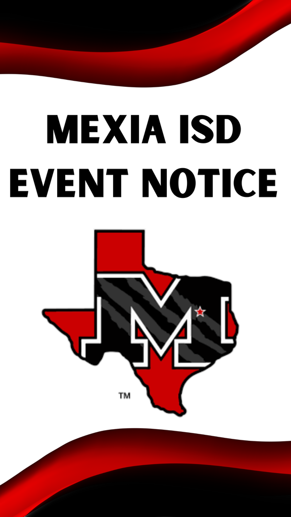 A notice from Mexia ISD features the district's logo, an outlined Texas map with a letter "M" and a star, against a red and black background.