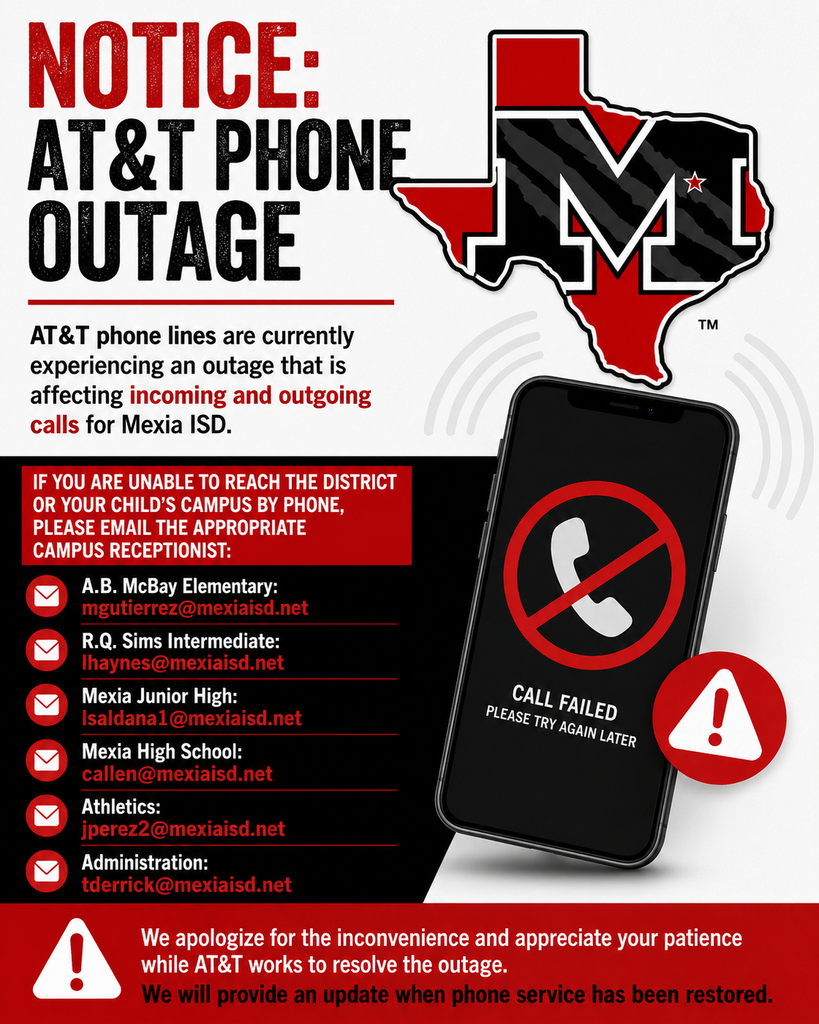 An AT&T outage notice displays a phone with a call failed message. Contact info is listed for AT&T, and email addresses for schools.